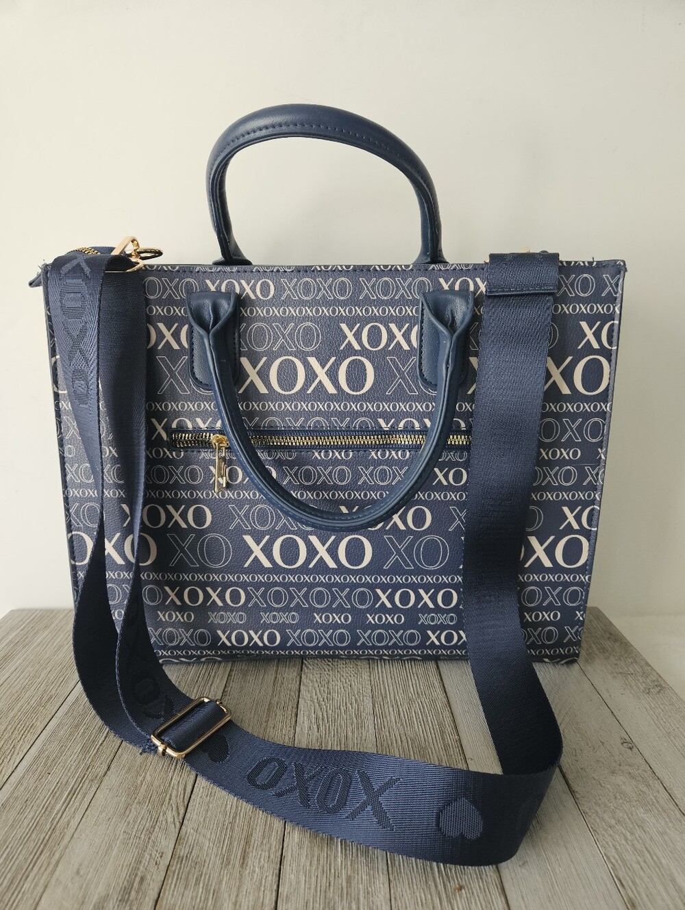 XOXO Crossbody Blue Tote Bag Purse with Shoulder Strap and Gold Toned Zippers